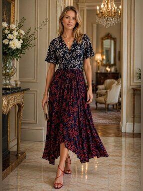Boden Red Navy Floral Handkerchief Hem Dress Petite 10 Boho Chic Midi